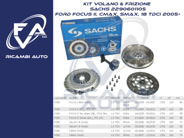 KIT FRIZIONE SACHS 2290601105 per FORD FOCUS 1.8 TDCI