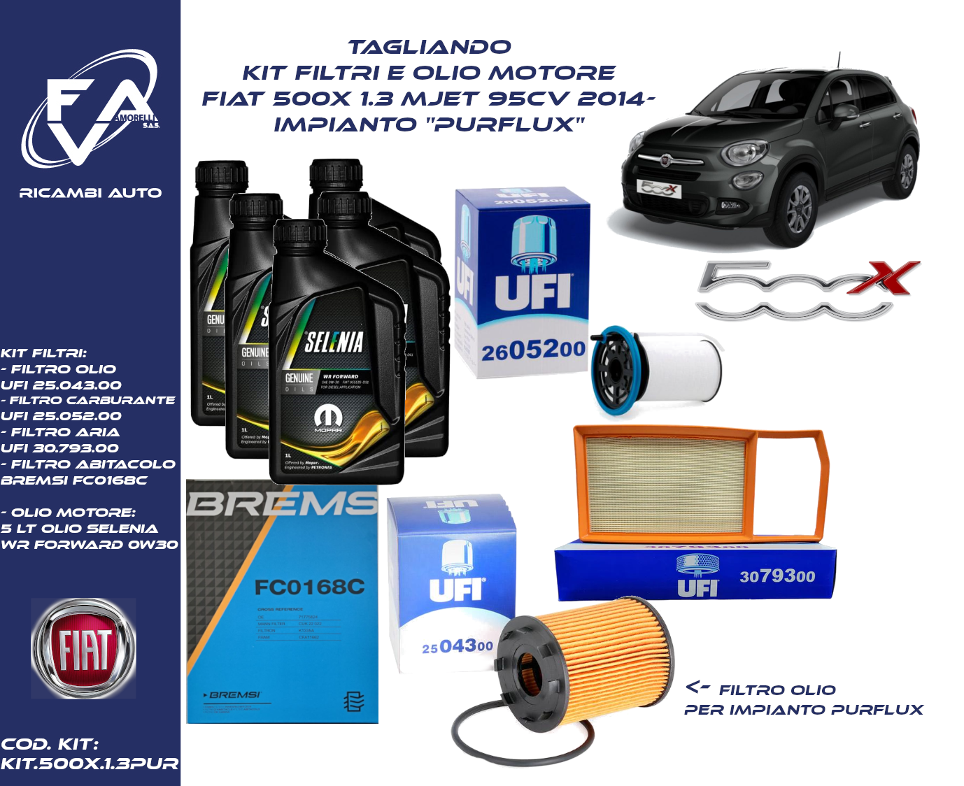 Tagliando kit filtri e Olio motore Fiat 500x 1.3 Mjet 95CV 2014- Impianto  purflux - F.A.V. di Amorelli Vincenzo & C. s.a.s.