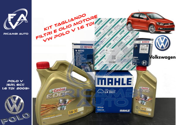 Kit tagliando VW Polo V 1.6 TDi - 4 Filtri e 5 Lt olio motore Castrol 5w30 Edge LL - KITTAGL.POLO1.6