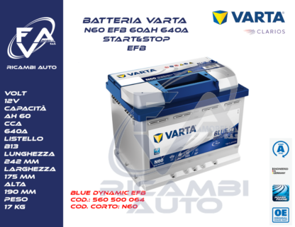 Batteria auto Varta Blue Dynamic EFB N60 60Ah 640A cod 560500064