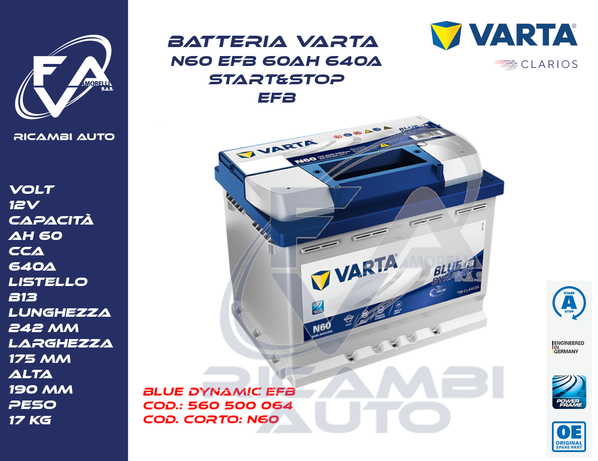 BATTERIA VARTA N60 EFB 60AH START&STOP 640A - F.A.V. di Amorelli Vincenzo &  C. s.a.s.