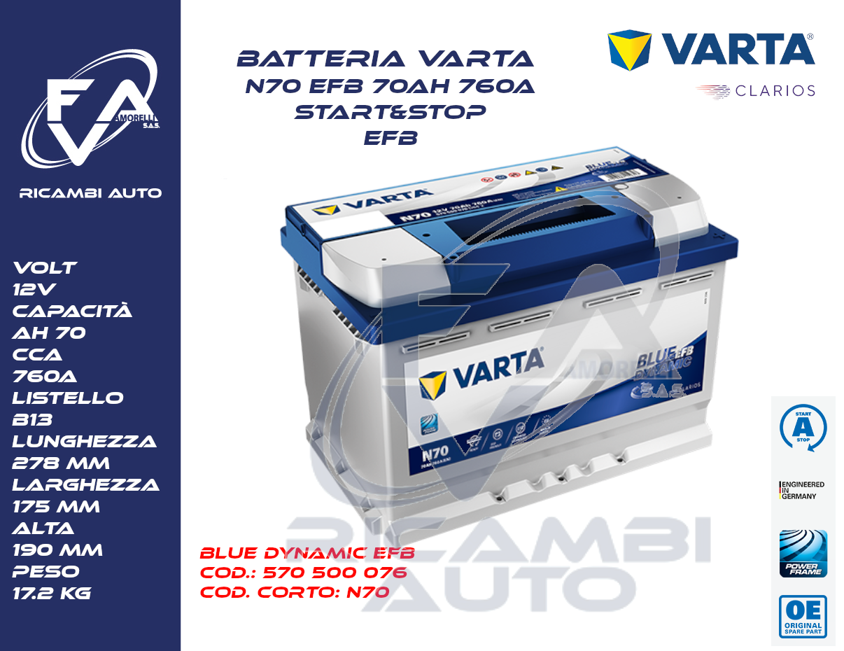 BATTERIA VARTA N70 EFB 70AH START&STOP 760A - F.A.V. di Amorelli Vincenzo &  C. s.a.s.